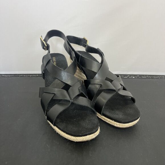 Cole Haan Crystal Womens Size 9.5B Shoes Black Leather Wedge Espadrille Sandals - Picture 1 of 13